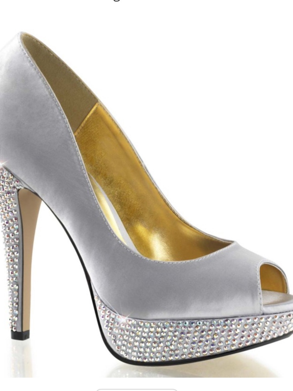 Silver Satin Peep-Toe Platform Heels with Crystal Accents